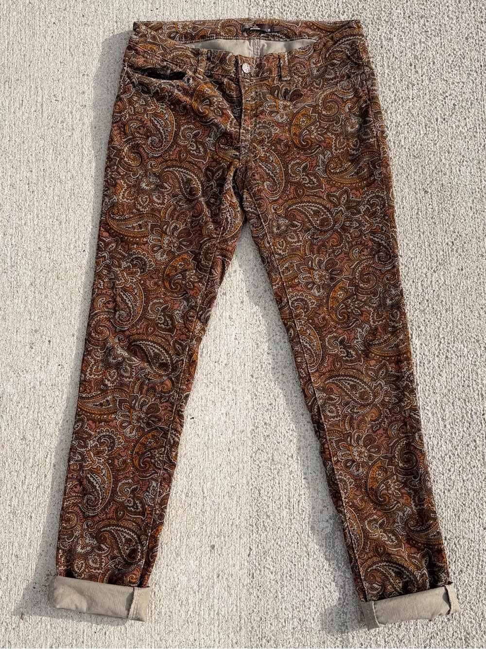 prAna Trinity Paisley Corduroy Pants Low Rise Skinny Trousers 8 Brown Boho EUC